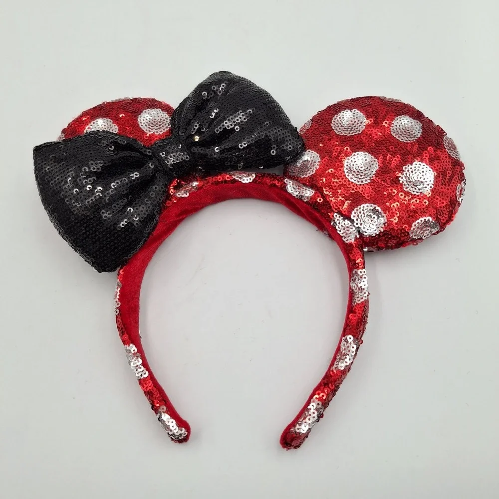 Lot of 2 Disney Parks Minnie Mouse Sequin Ear Headbands Red Polka Dot & Silver